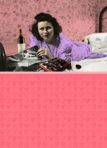Suck it Cupid GAL Funny Galentine's Day   A retro photo of a woman lying on a bed reading a magazine, drinking wine, and eating chocolates. | wine chocolates magazine candy suck it cupid galentine galentine's day retro vintage photo Suck it, Cupid!